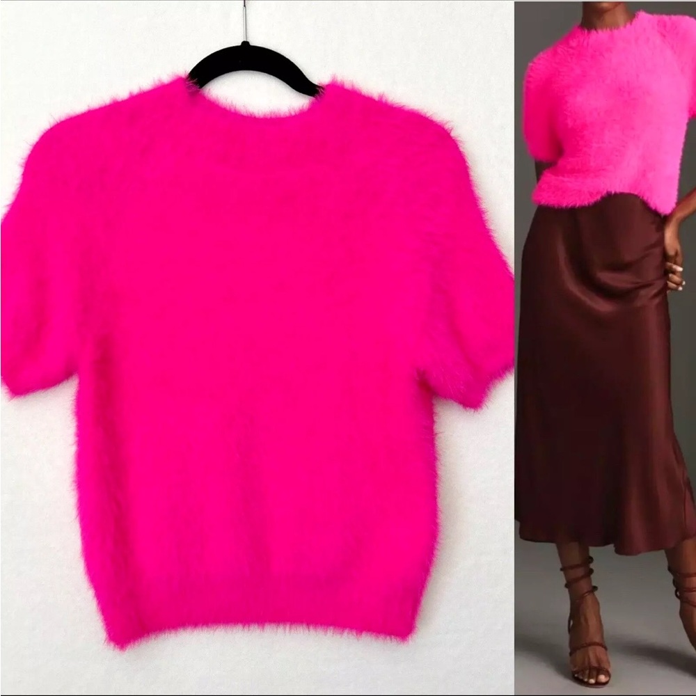 Anthropologie Pilcro Eyelash Baby Sweater Tee Neon Pink Fuzzy Crop Top Size S